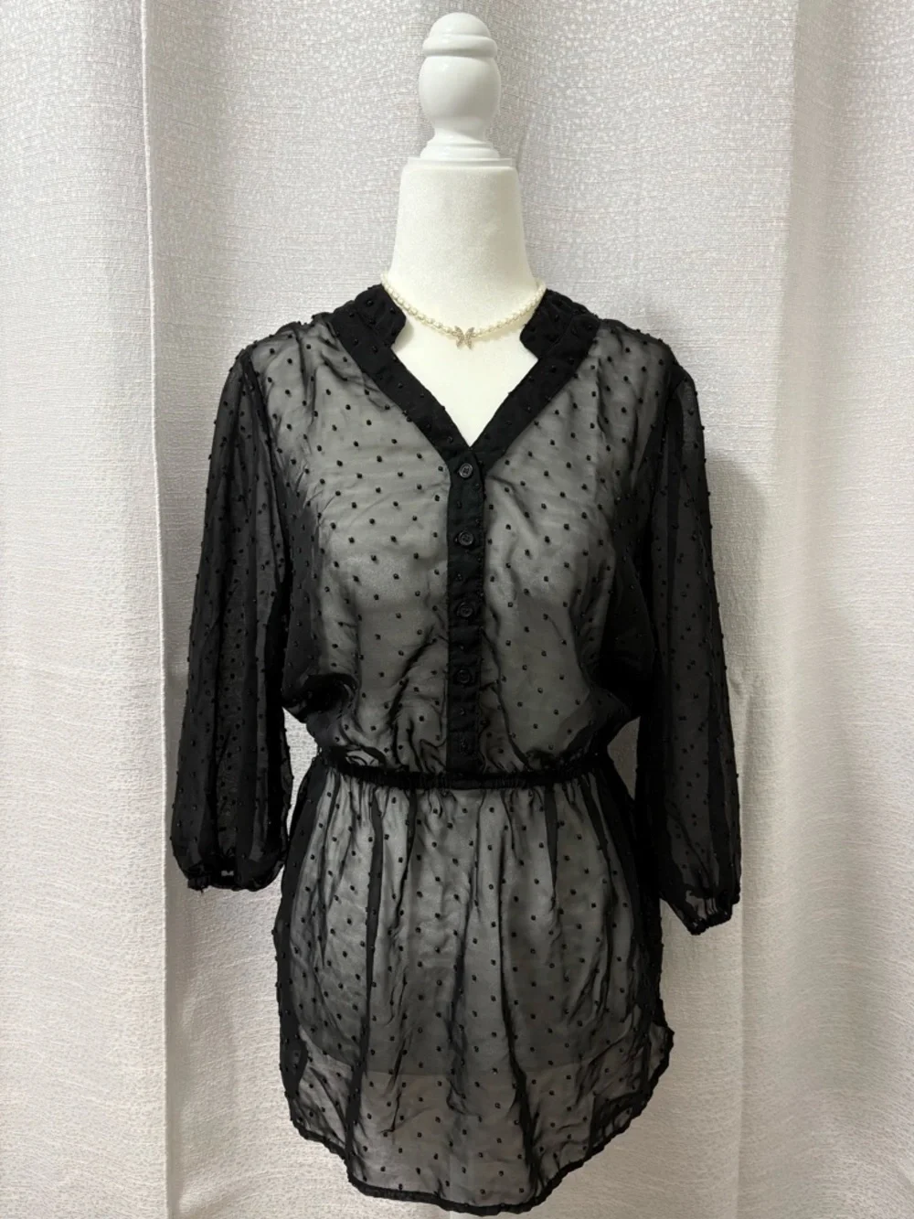 Mossimo Supply Co. Women’s Sheer Black Swiss Dot Cinched Waist Blouse Top Medium - Picture 1 of 5